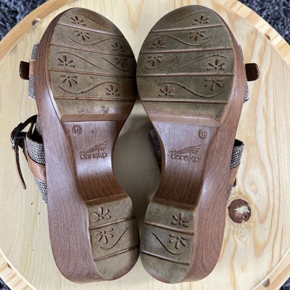 Dansko Jessie Sand Lizard Leather Wedge Sandals Womens 10 Brown Slip On Heels - Picture 9 of 9